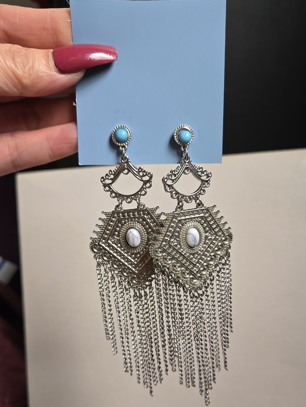 Vintage Silver Filigree Chandelier Earrings with Fuax Turquoise Studs - Picture 3 of 15